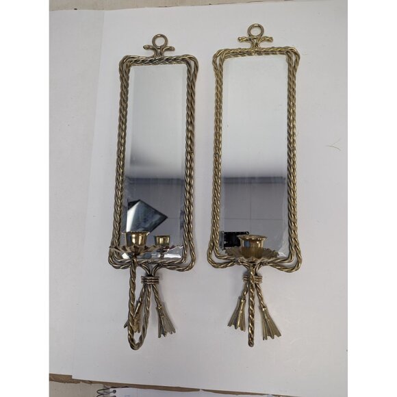 Set of 2 Home Interior Twisted Rope Wall Shelf Brass Mirror 18” Vintage #2 - Picture 1 of 9